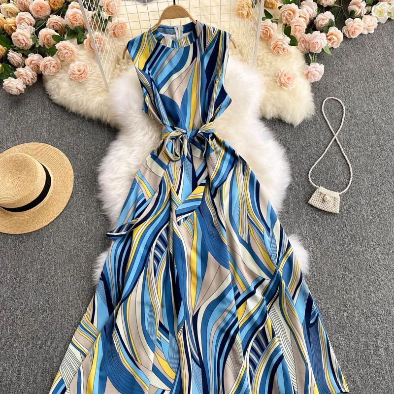 Mixi-elegante vestido de oficina para mujer, moda de verano, estampado azul, sin mangas, 2021