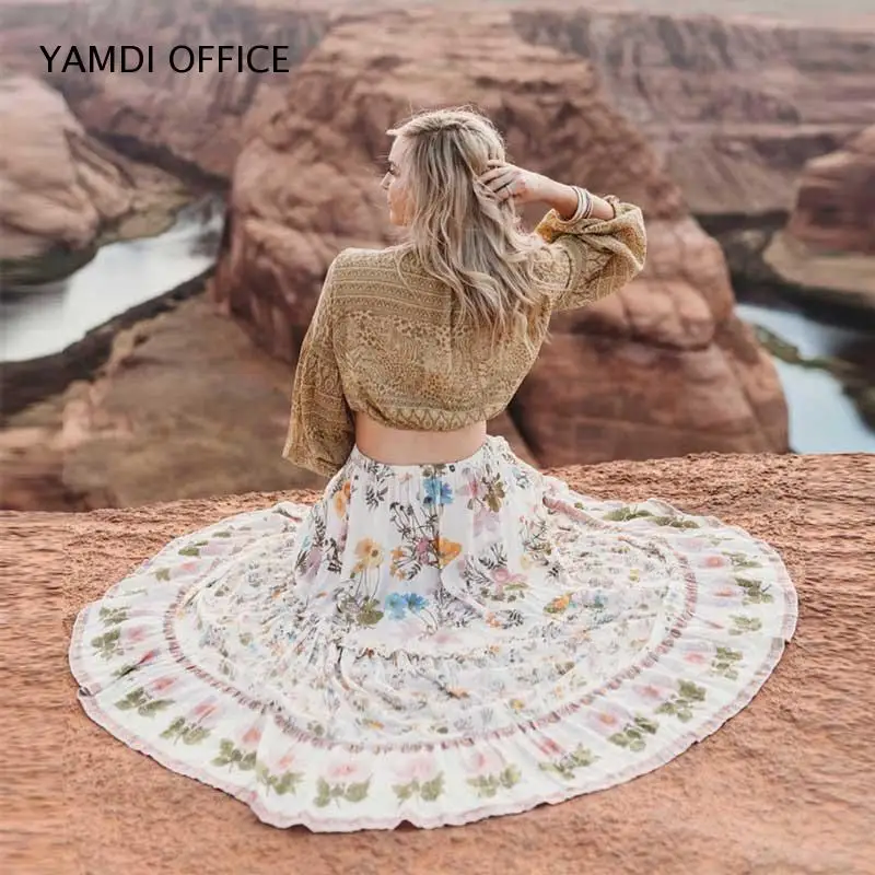 Женская юбка макси YAMDI длинная с цветочным принтом и рюшами для девочек