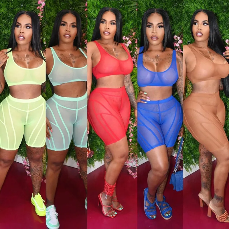 

Женский комплект из двух предметов, повседневная спортивная одежда, сетчатый прозрачный кроп-топ с высокой талией и шорты, брюки для фитнес...