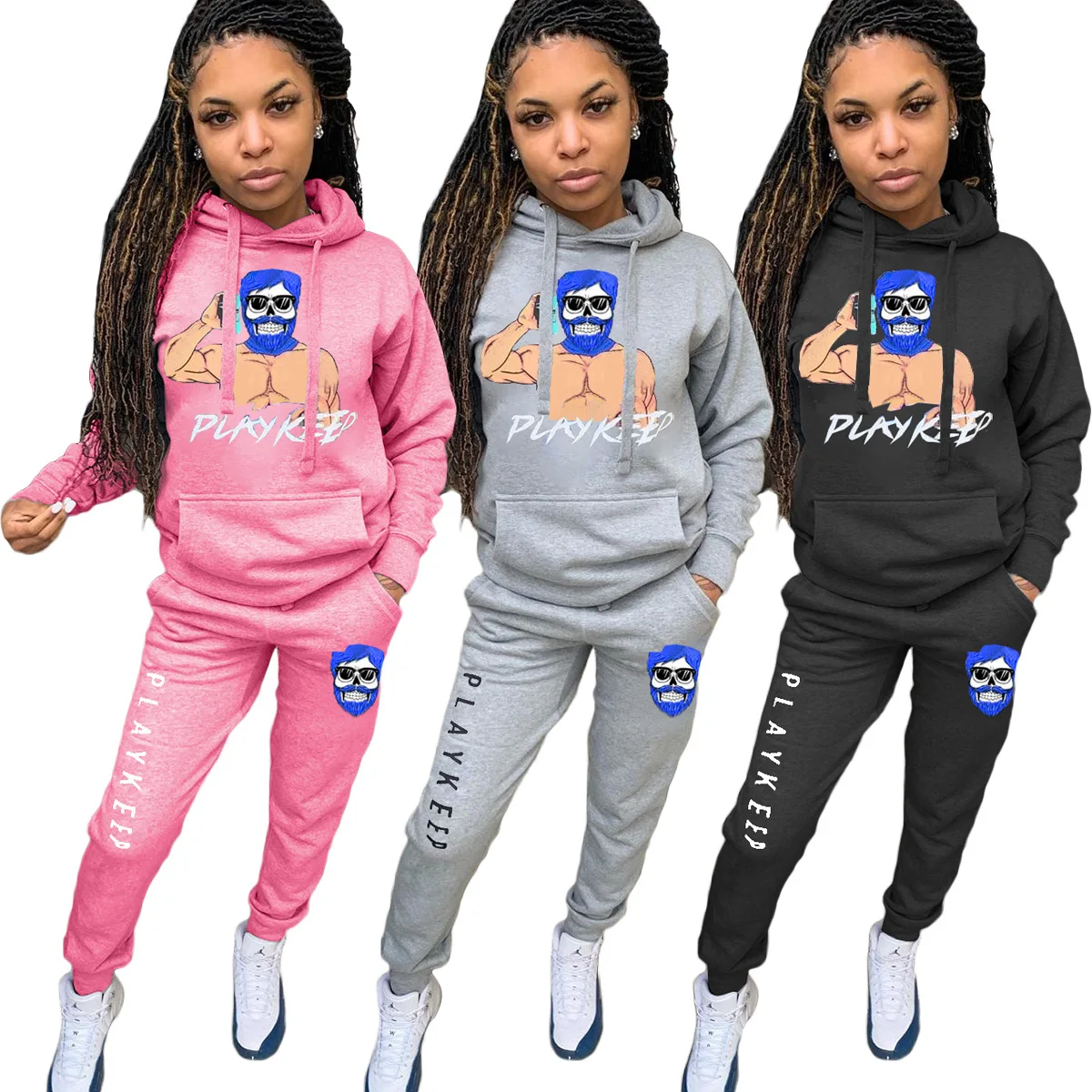

2021 Autumn and Winter Hooded Two Piece Set Women Clothing Offset Printing Skull Cartoon Letter Sweater Sets Womens Outfits