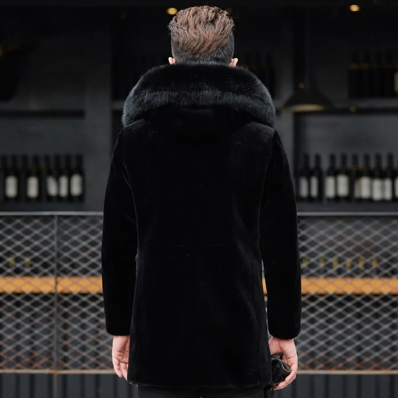 Мужская шерстяная куртка черная из искусственного лисьего меха со съемным