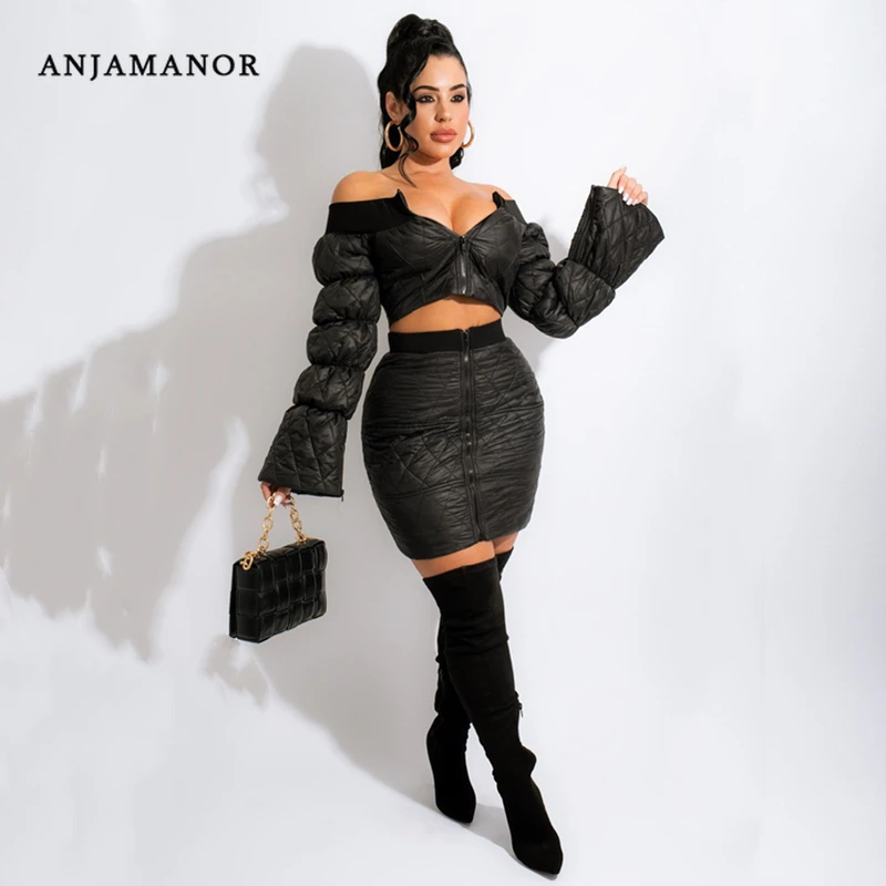 

ANJAMANOR Two Piece Set Off Shoulder Lantern Sleeve Zip Up Cropped Puffer Jacket and Mini Skirts Winter Sexy Outfits D30-GA49