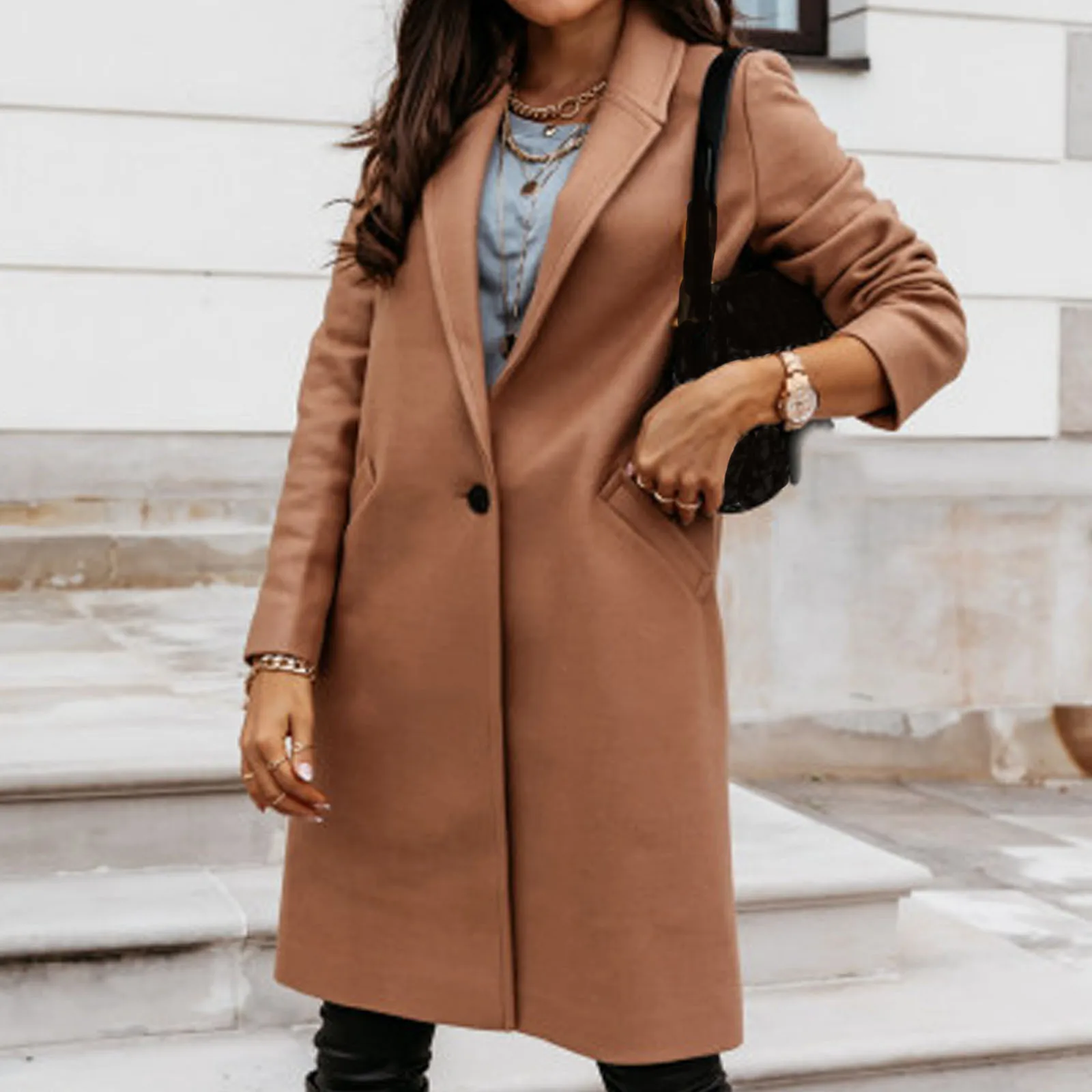 

Fashion Blend Jacket Women's Autumn Winter Warm Solid Color Long Sleeve Loose Lapel Medium Length Button Ladies Overcoat #40