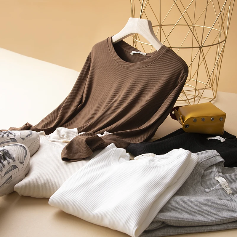 

Женская облегающая футболка с длинным рукавом, сезон осень-зима, простая облегающая Повседневная Базовая футболка с круглым вырезом