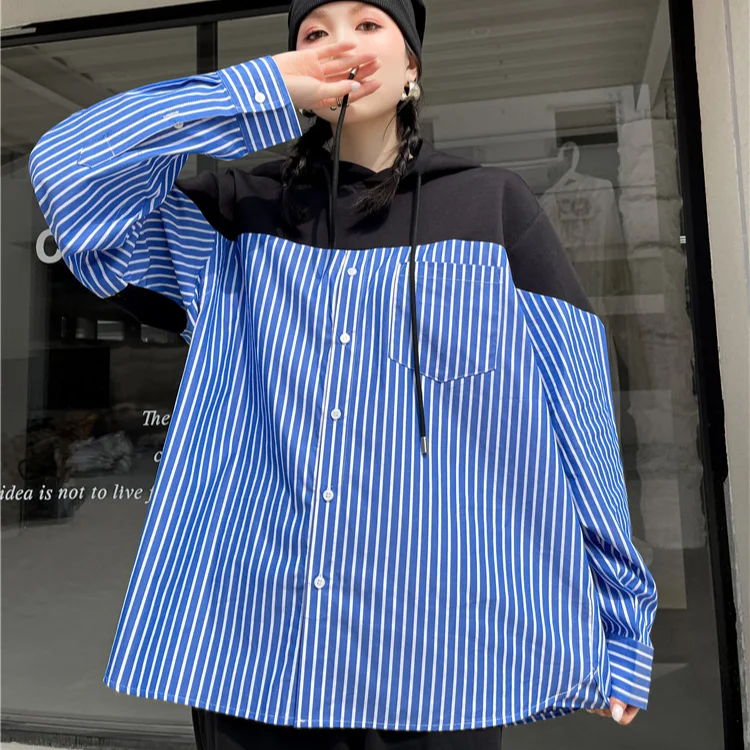 

Kimotimo Ins Patchwork Loose Shirts Women Korean Style 2021 New Spring Long Sleeve Sweater Tender Fashion All-match Casual Cool