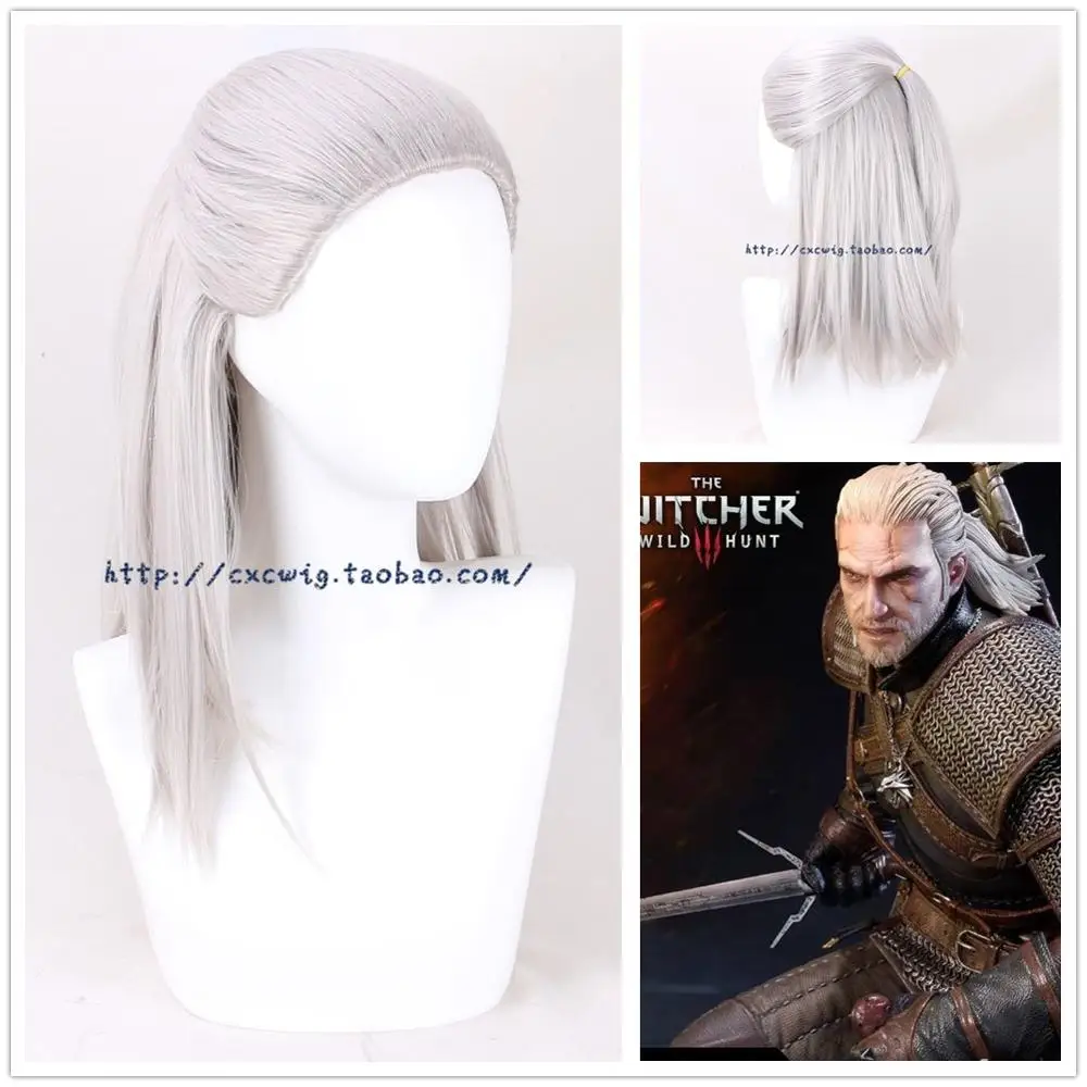 Парик Geralt из Ведьмака серебристо белый искусственные волосы в стиле спины парики