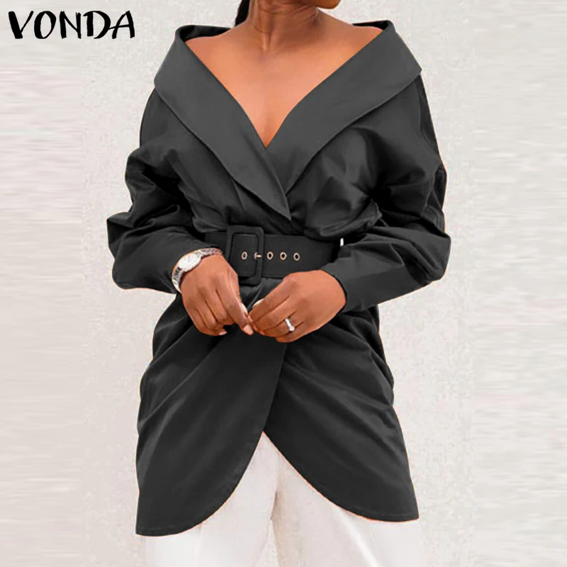 

Женская осенне-зимняя блузка VONDA 2021, элегантная Асимметричная блузка, Женская винтажная туника с V-образным вырезом и длинным рукавом, топы с...
