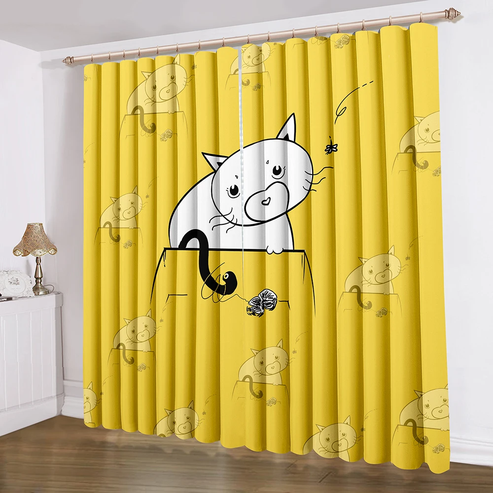 

White Cats Cartoon Window Curtains Yellow Background Curtains Home Textile For Living Room Bedroom Curtain Blackout Blinds