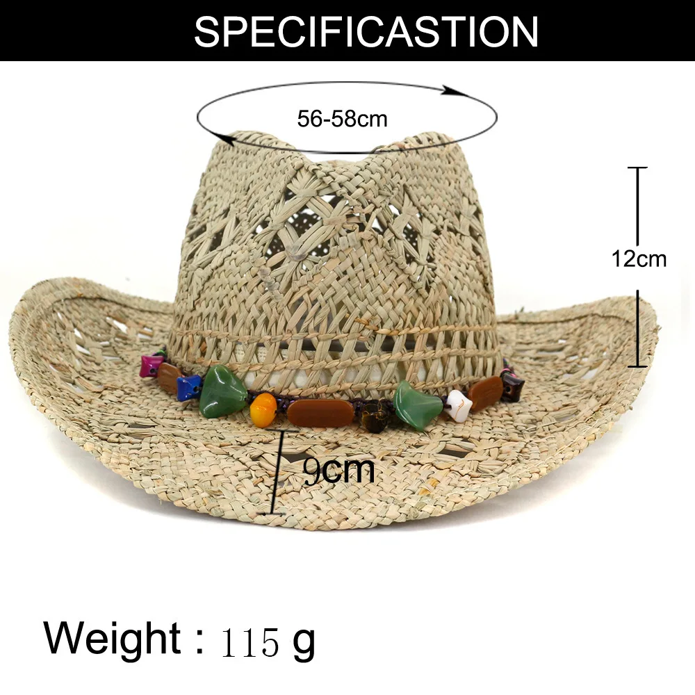 

Cowboy Hat Summer Straw Womens Hats Handmade Sun Hat for Men Cowgirl False Gem Decoration Casual Beach Cap Panama