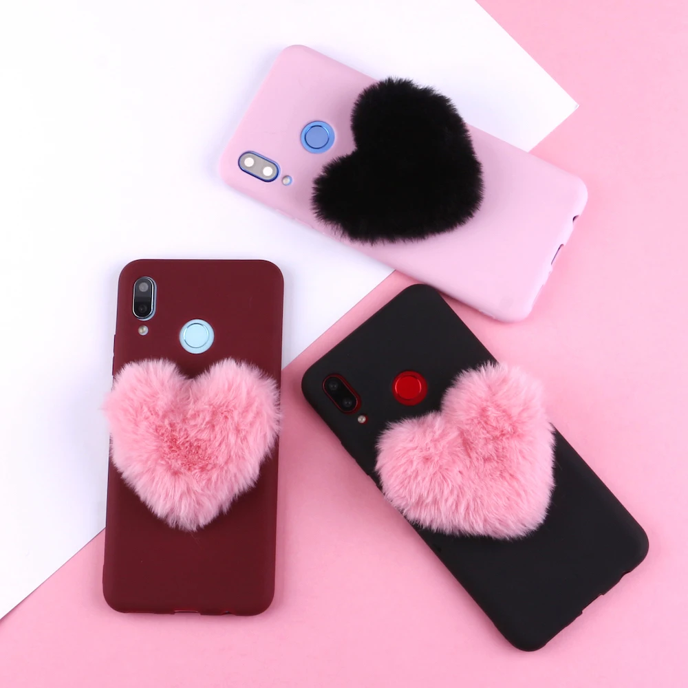

For Huawei Honor Mate 10 20 Nova P20 P30 P Smart Fluffy Fur Heart Pom Pom Soft Candy Silicone Phone Case Capa Fundas Coque