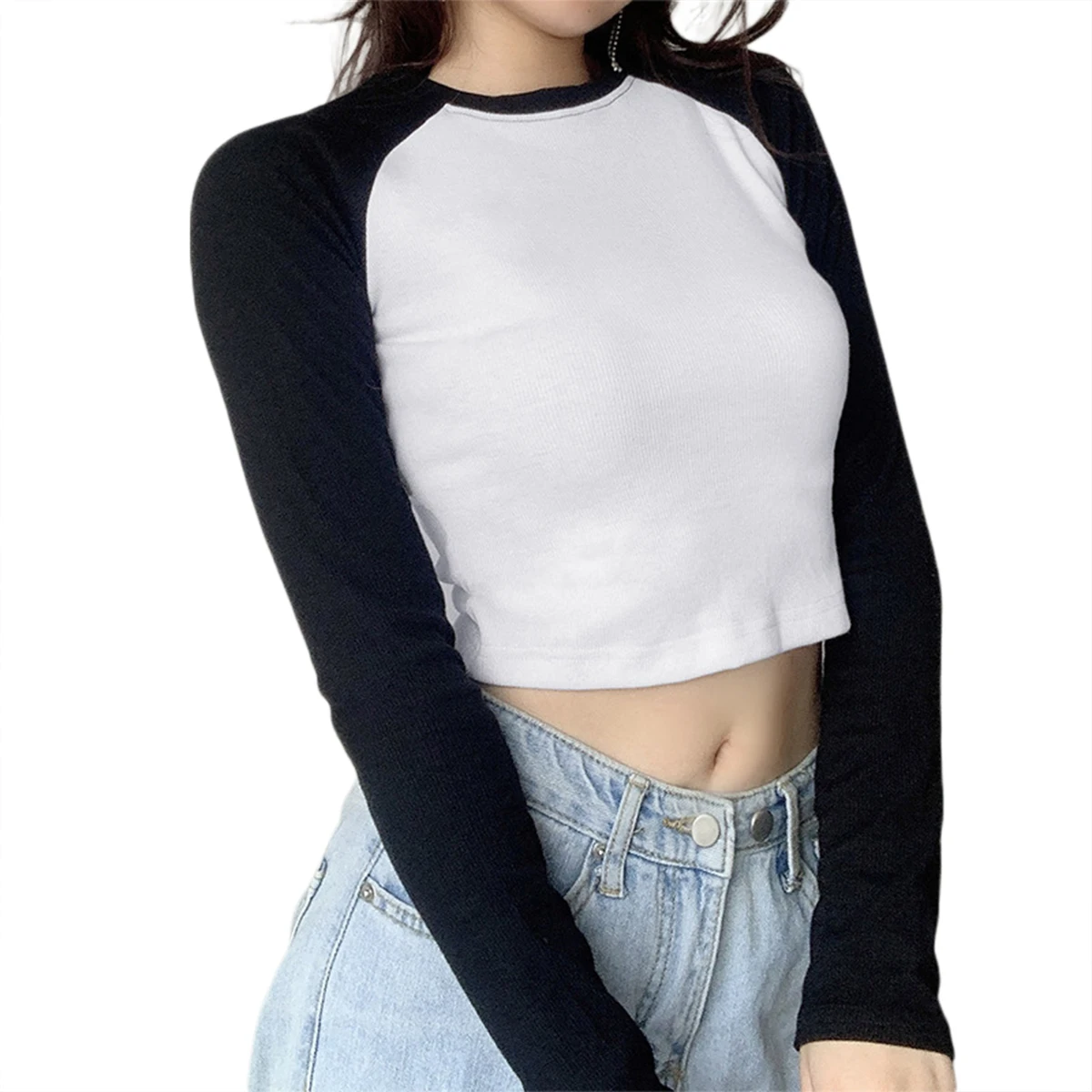 

Summer Fall Women Casual Slim Crop Top Long Sleeve Round Neck Fit Raglan Short Blouse