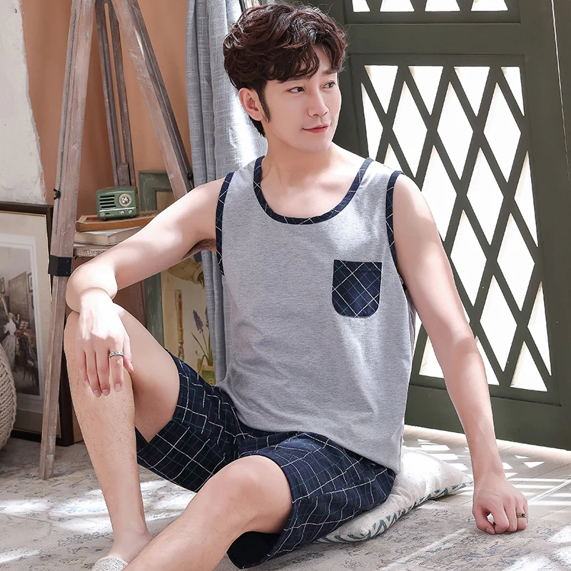 Мужская пижама из чистого хлопка с буквенным принтом Летняя короткая Пижама без