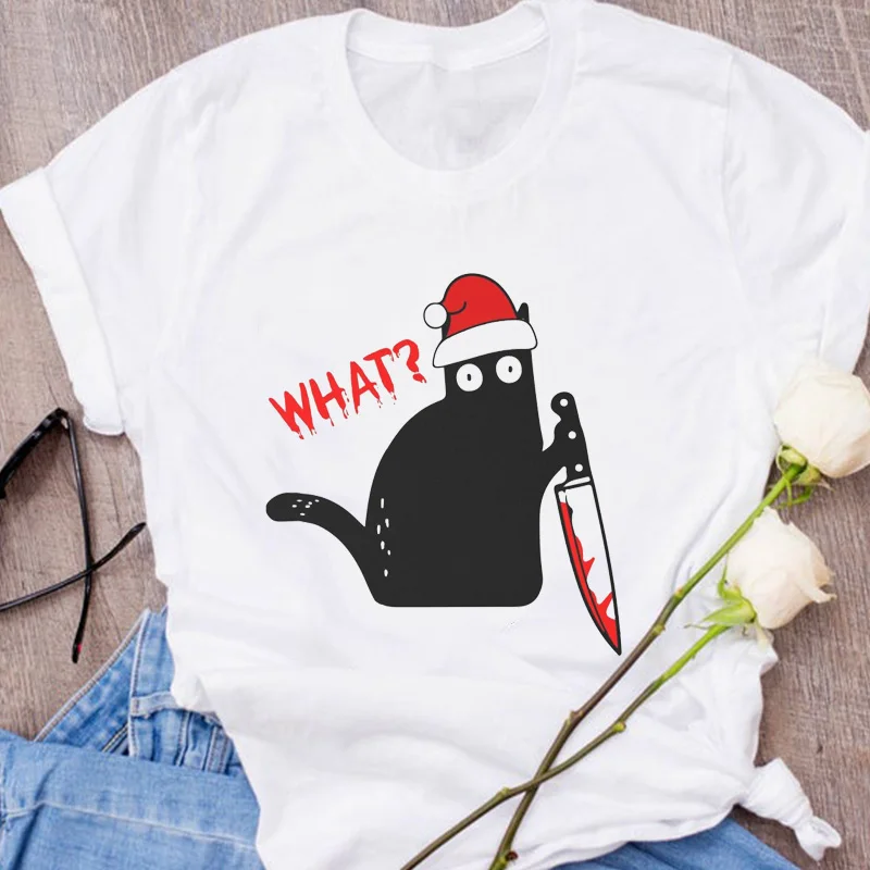 Женская Повседневная футболка с графическим котом милая Рождественская осенняя