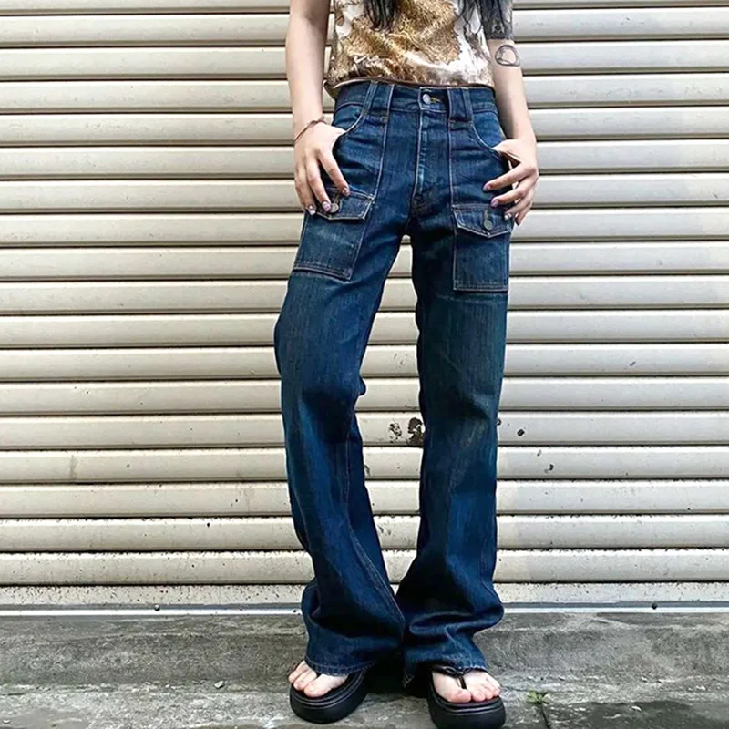 

2021 New Women's Multi-Pocket Jeans Straight Loose Trousers Personality Street Hipster Mop Pants Jeans for Women Streetwear