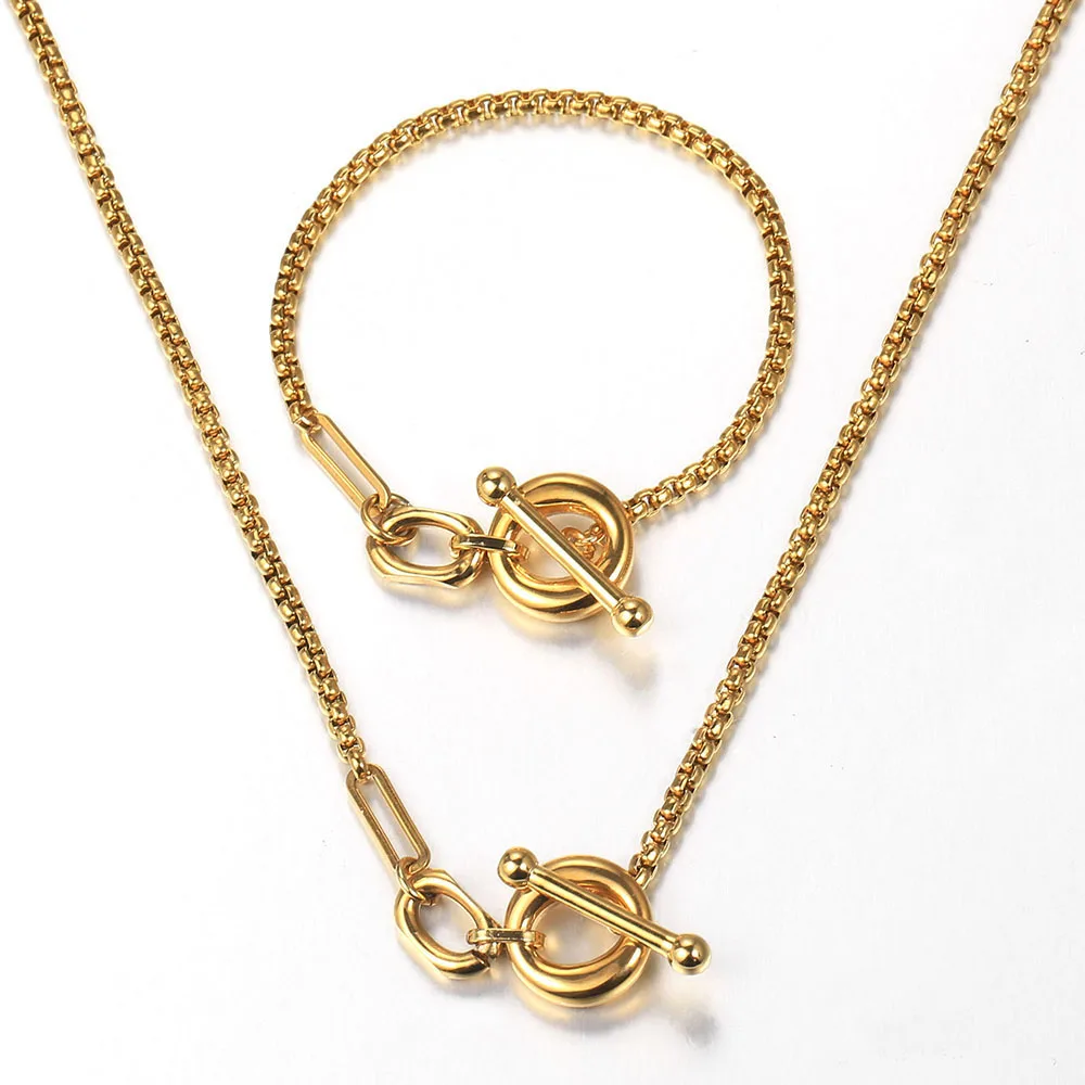 

Fashion Gold Color Jewelry Set For Men Women Box Cable Cuban Charm Stainless Steel Bracelets Necklaces TO Clasp Gifts DDS23