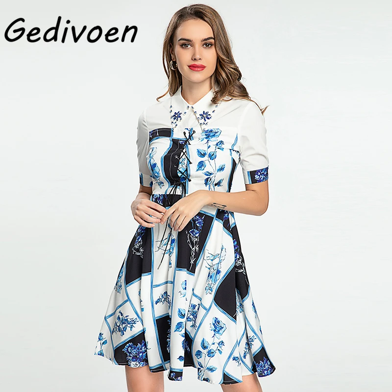 

Gedivoen Fashion Woman Elegant Mini Dress Crystal Turn-down Collar Short Sleeve Spliced Lace Up Floral Print A-Line Dresses