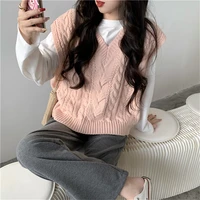 womens twist loose short vests autumn korean casual v neck sweaters sleeveless femme sweet cute candy color pullover waistcoat