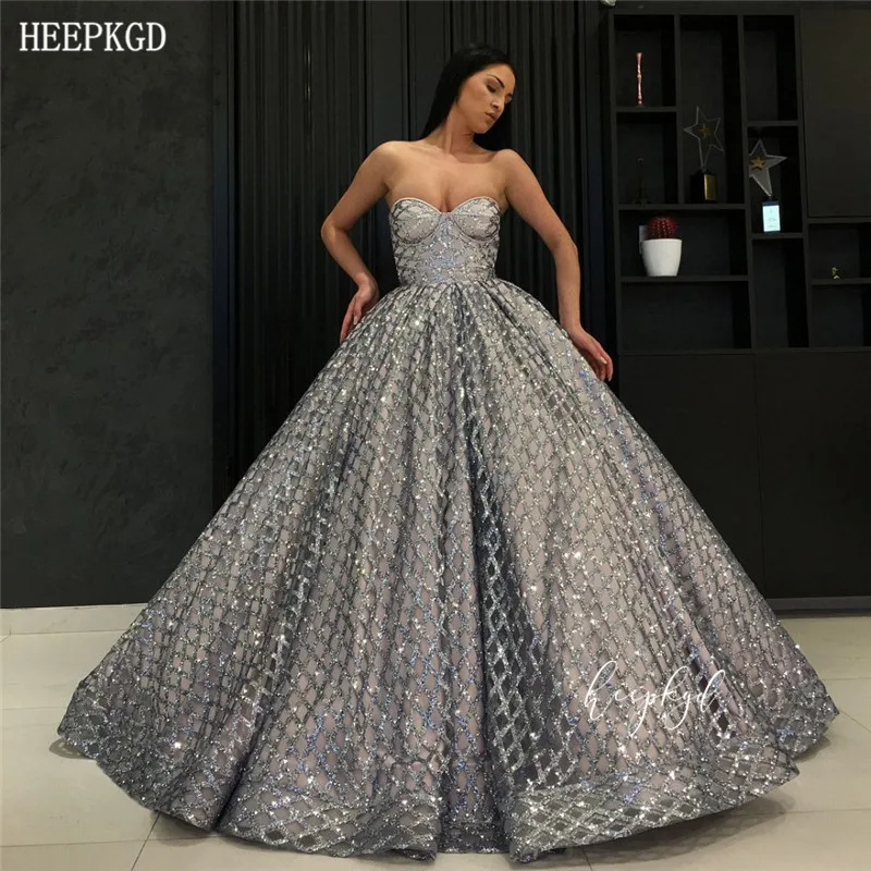 

New Design 2020 Sliver Ball Gown Long Evening Dress Glitter Sweetheart Floor Length Arabic Women Formal Dresses Customize