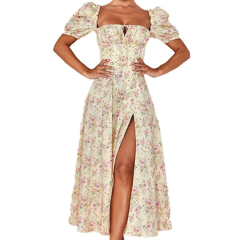 

Summer Women Dress Printed Split Puff Sleeve Dresses for Women Vestido De Mujer Square Collar Elegant Casual Boho Dress