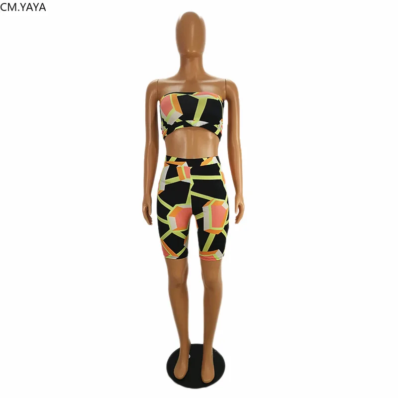 CM.YAYA Women Sport Two Piece Set Geometric Strapless Crop Tops Knee Length Jogger Sweatpants Suit Tracksuit Matching Outfit | Женская