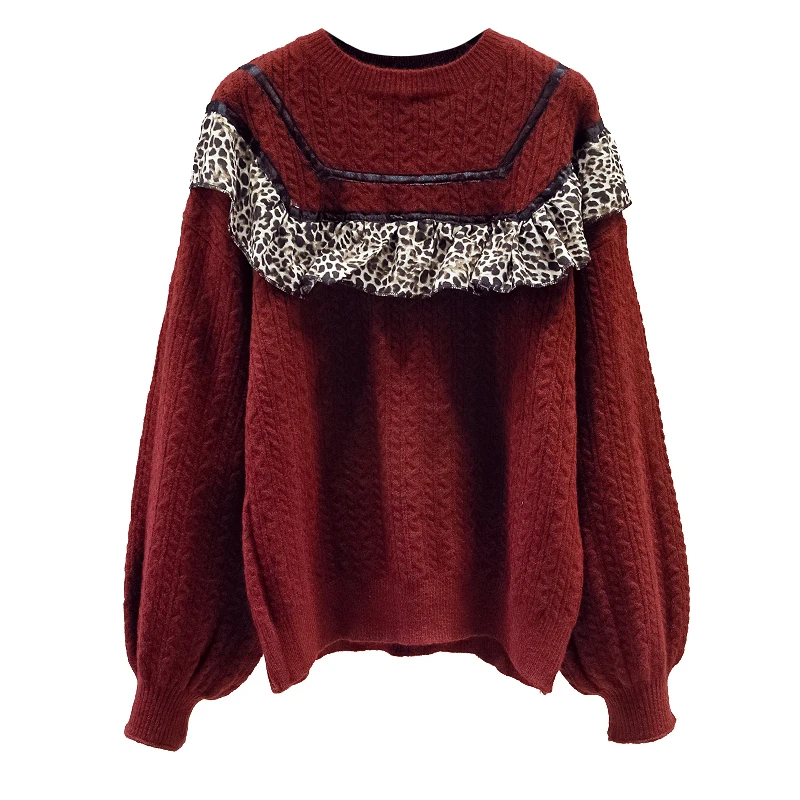 

JXMYY Thick round neck long-sleeved sweater autumn and winter all-match loose sweater leopard print ruffled Japanese top