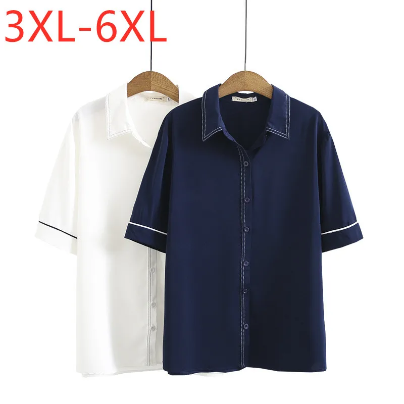 

New 2021 Ladies Summer Plus Size Tops For Women Large Short Sleeve Loose Blue White Button Chiffon Shirt 3XL 4XL 5XL 6XL