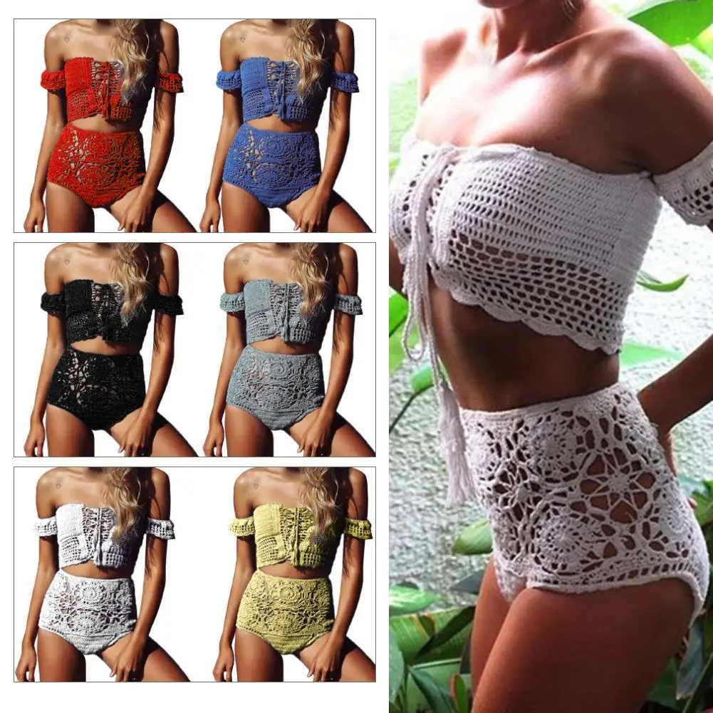 

2Pcs Women Bohemian Crochet Hollow Bandage Bra High Waist Briefs Bikini Swimsuit