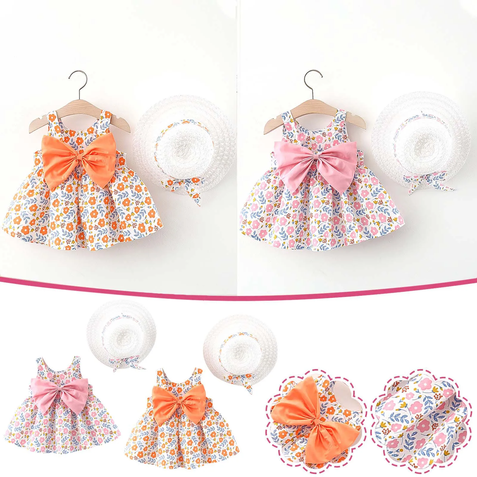 

Dress for girls Toddler Child Baby Girl Summer Bow Print Suspender Dress With Hat Baby girl Casual Dresses sukienki dla dzieci