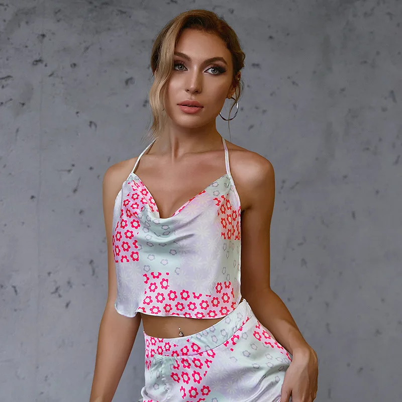 

Summer 2021 Halter Neck Crop Top Sexy Spaghetti Strap Tank Tops Mujer Backless Floral Print Camisole Lace Up Satin Women Vest