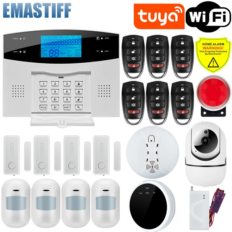 

Wireless Wifi GSM Home Security Alarm System With Motion Sensor Gift Smoke Detector For Tuya SmartLife APP Works Alexa & Google