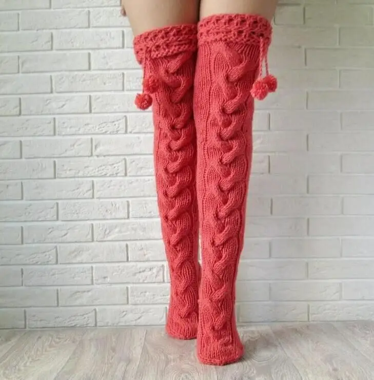 

Fall Winter Warm Knittet Thick Women Stockings Floral Pure Color Loose Causal Stockings Knee Length Stockings