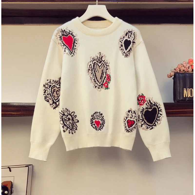 

2020 Fall Winter Runway 2 Piece Set High Quality Retro Love Heart Jacquard Pullover Sweater And Bow Beaded Woolen Skirt