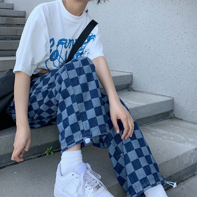 

Harajuku Y2k Jeans Women Men Autumn Winter High Waist Plaid Denim Jeans Straight Elastic Waist Streetwear Hip Hop Unisex Pants