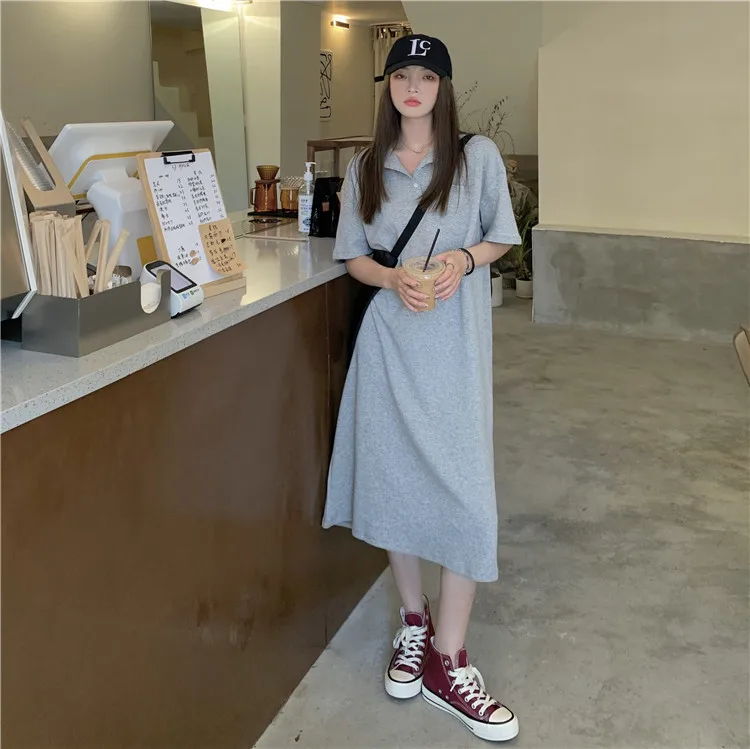 

T-shirt Dress for Women Summer 2021 New Korean Style Loose Polo Collar Small Student Mid-Length Dress Ins