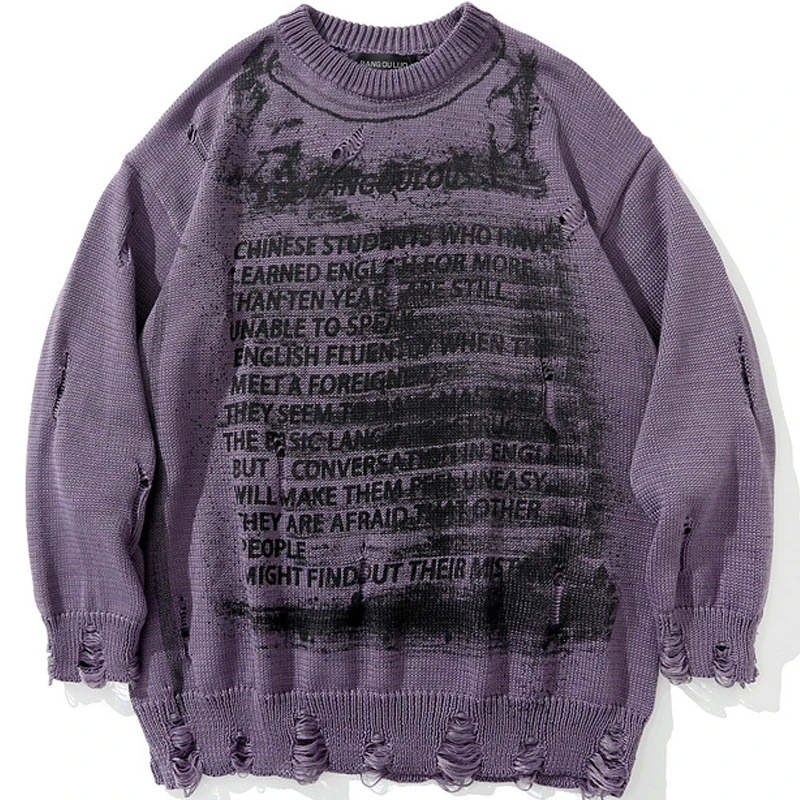 

Sweater Men New Letter Print Loose Hole Long Sleeve Pullover Pull Homme Couple Distressed Vintage Sweater Fall Personalized Tops