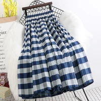 women cotton long pleated skirt 2022 new summer stripe midi check skirt high waist elascity casual party skirt for women