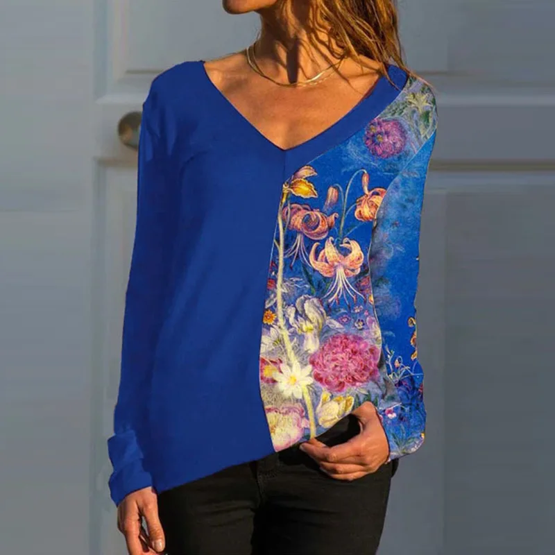 

Женская блузка с V-образным вырезом, длинным рукавом и цветочным принтом