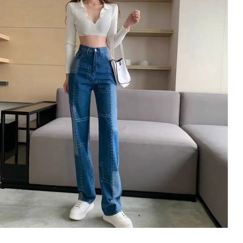 

Women's high waist Show thin jeans Personalized stitching fashion spring jeans