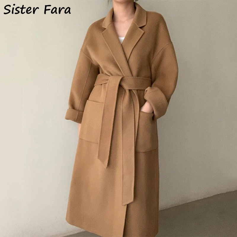 

Sister Fara Autumn Winter Elegant Long Woolen Windbreaker Coat Women's Double Pocket Warm Trench Ladies Lace Up Trench Overcoat