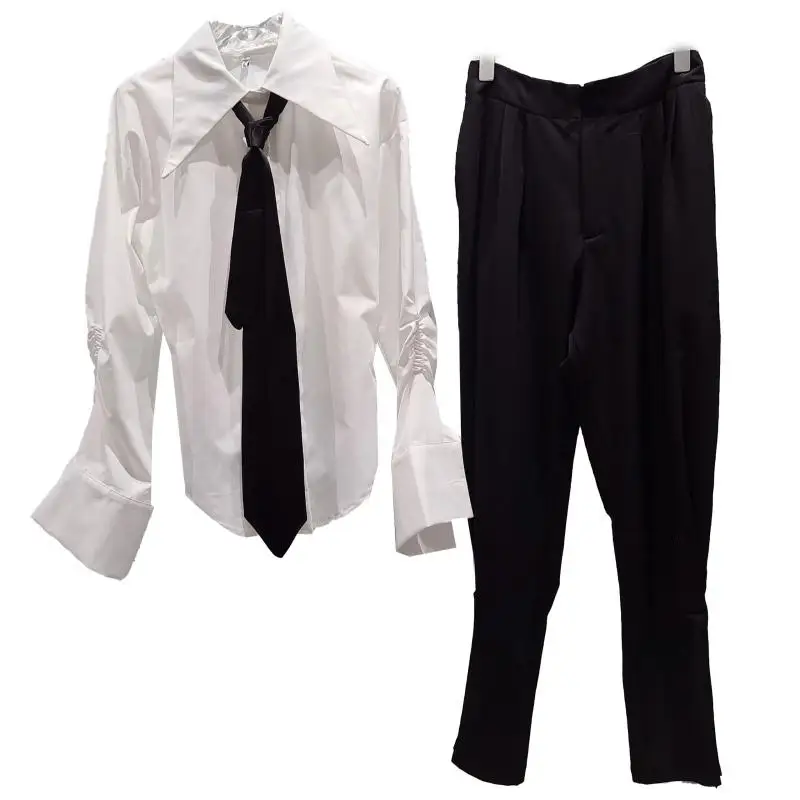 

New Web celebrity in fall tie accept waist drape shirt modern tall waist equestrian slacks female