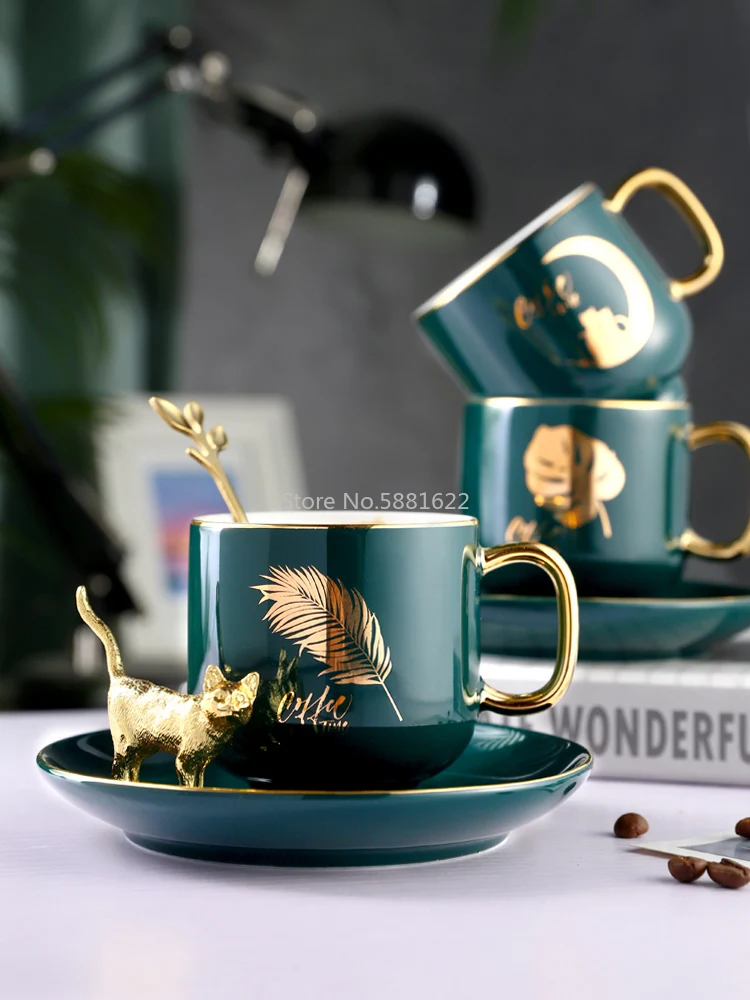 

Luxury Ceramic Cup Nordic with Spoon Simple Afternoon Tea Coffee Cups Retro Office Porcelain Cup and Saucer Set Tazas