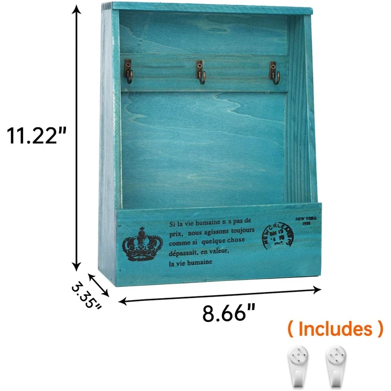 

Wooden Key Mail Holder Wall Mounted Mail, Equipped with 3 Key Hooks and A Storage Box, Sorter Organizer Box
