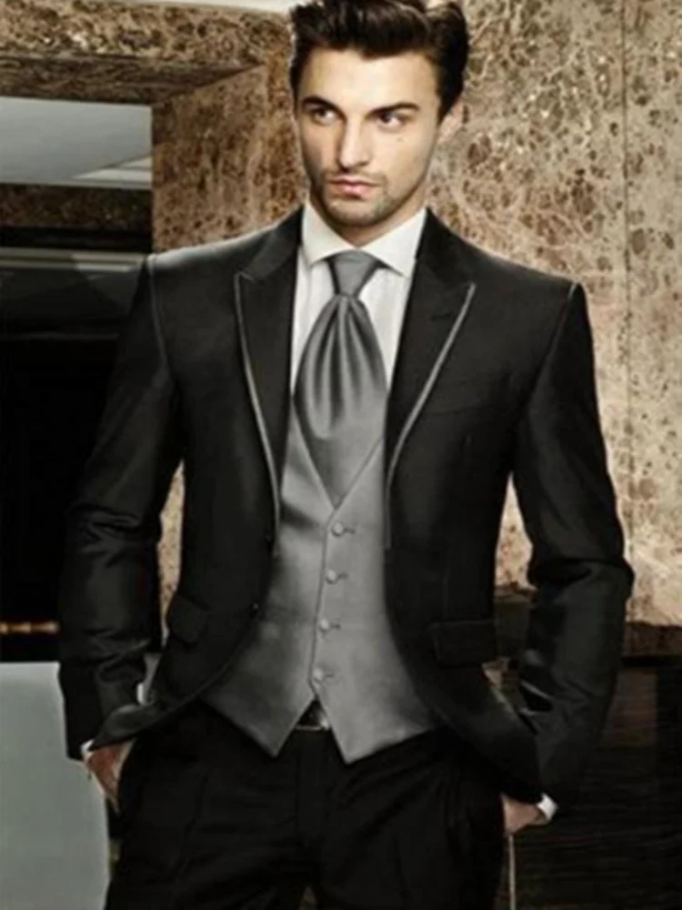 Slim Fit Черный Жених мужской костюм смокинг лацкан друг жениха свадебный из 3