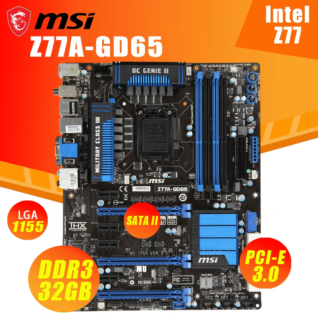 Verkauf LGA 1155 MSI Z77A-GD65 Motherboard Core I7/Core I5/Core I3 DDR3 32GB DVI VGA Intel Z77 Desktop Z77 Placa-Mãe 1155 ATX Verwendet