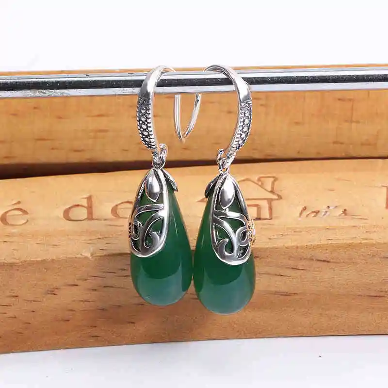 ZHJIASHUN винтажные 100% стерлингового серебра 925 халцедон агат серьги для женщин Ретро