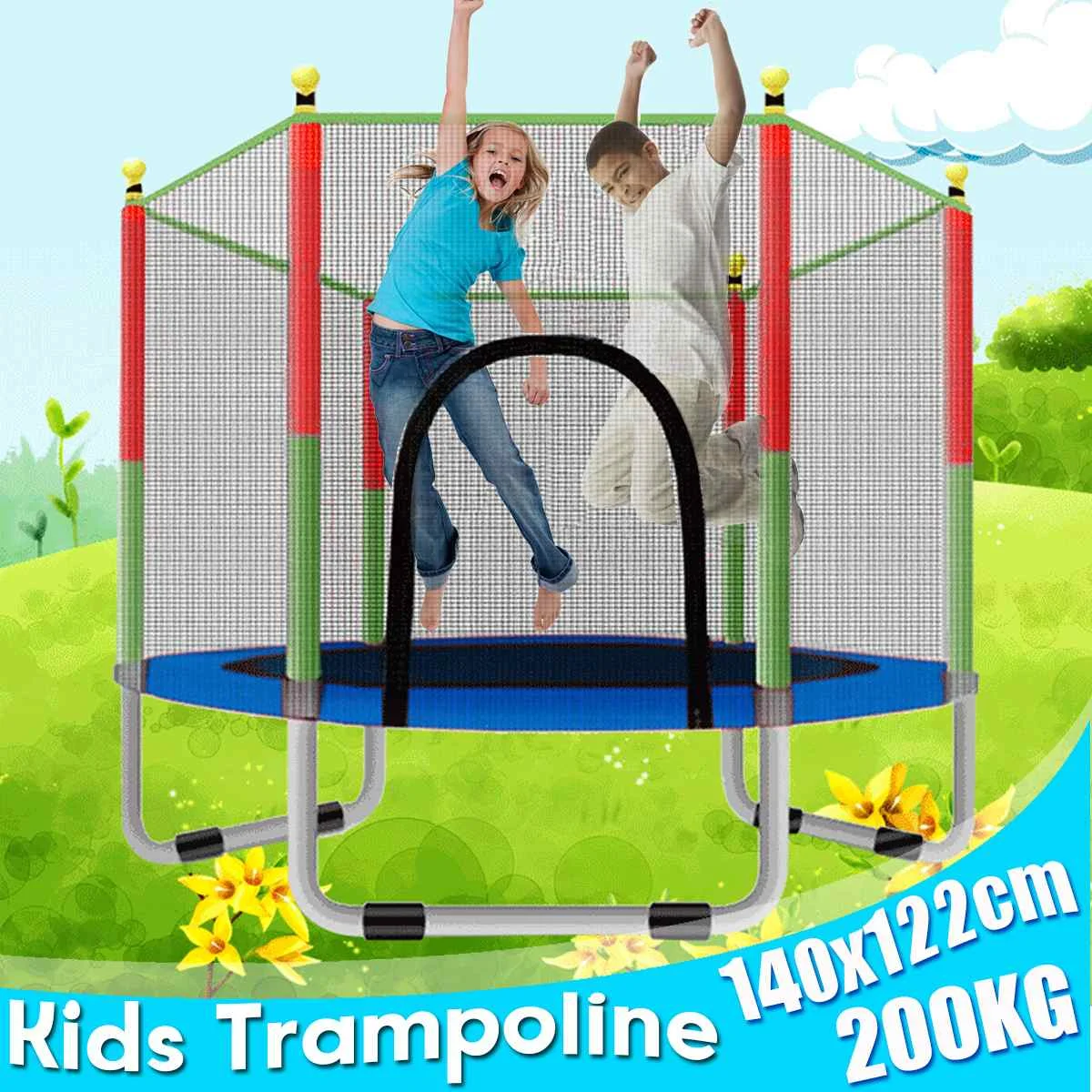 Mini Trampoline 55.12inch Round Kids Enclosure Net Pad Rebounder Outdoor Exercise Home Toys Jumping Bed Max Load 200 KG