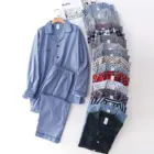 Пижама Мужская с длинным рукавом, Хлопковая пижама с отложным воротником, одежда для сна, домашняя одежда для пар, комплект из двух предметов, весна