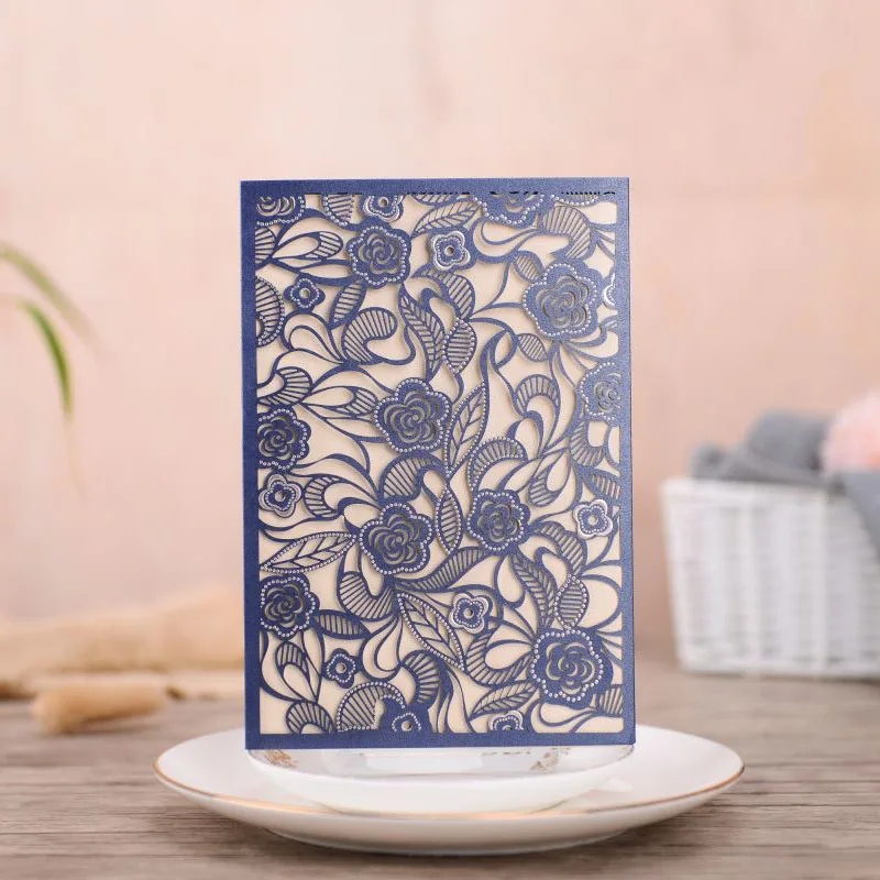 Свадебная пригласительная открытка с синей лазерной резкой кружевная Цветочная