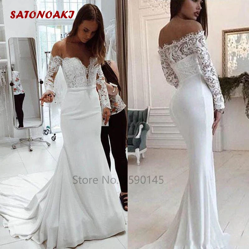 

2022 Long Sleeves Mermaid Lace Wedding Dress Appliques Beach Bridal Gown Sweep Train Vestido De Noiva Mariage Online Shop France