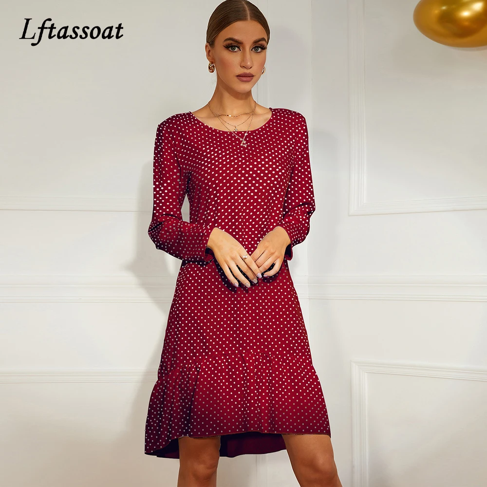 

Elegant Polka Dot Women Dress Polyester DressFemale Casual Long Sleeve Office Dot Print Dresses A line Vintage Clothing Vestidos